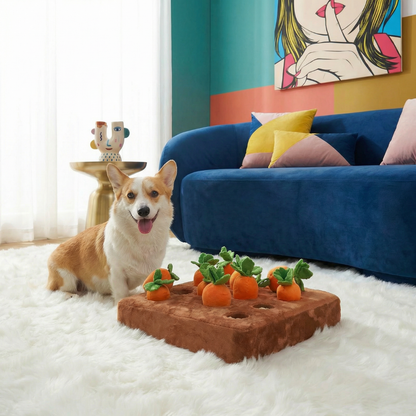 Corgi dog with a brown snuffle mat toy featuring six plush orange carrots with green tops.