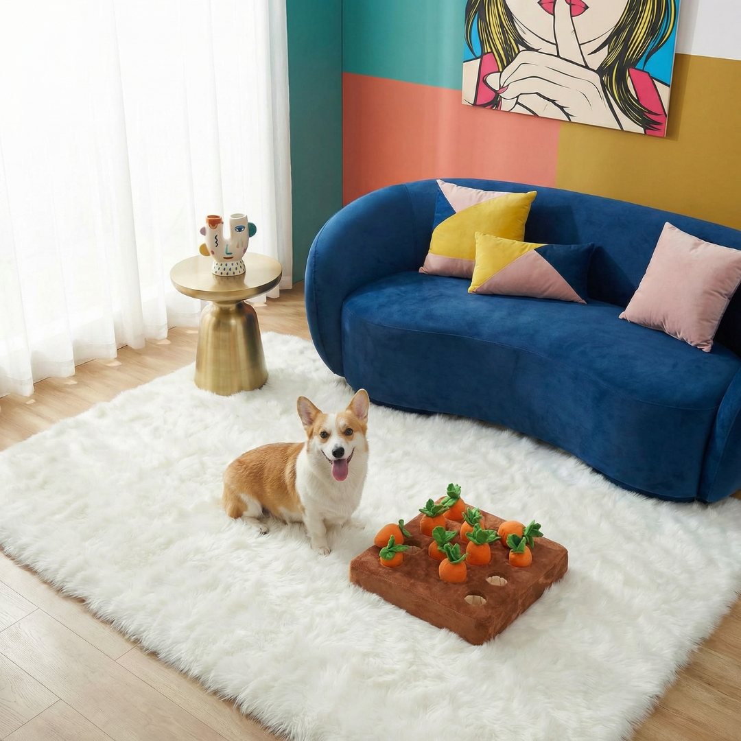 Corgi with a brown snuffle mat dog toy featuring six plush orange carrots on a white shag rug.