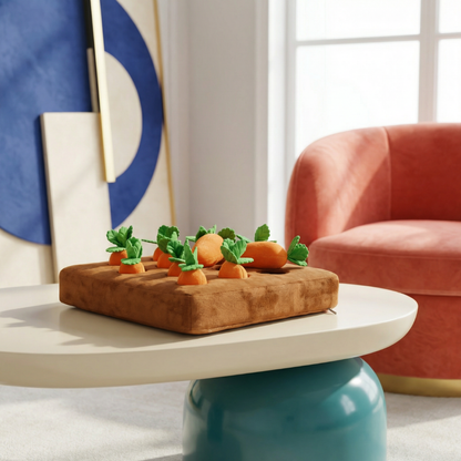 Brown snuffle mat dog toy with plush orange carrots and green tops, on a modern coffee table.