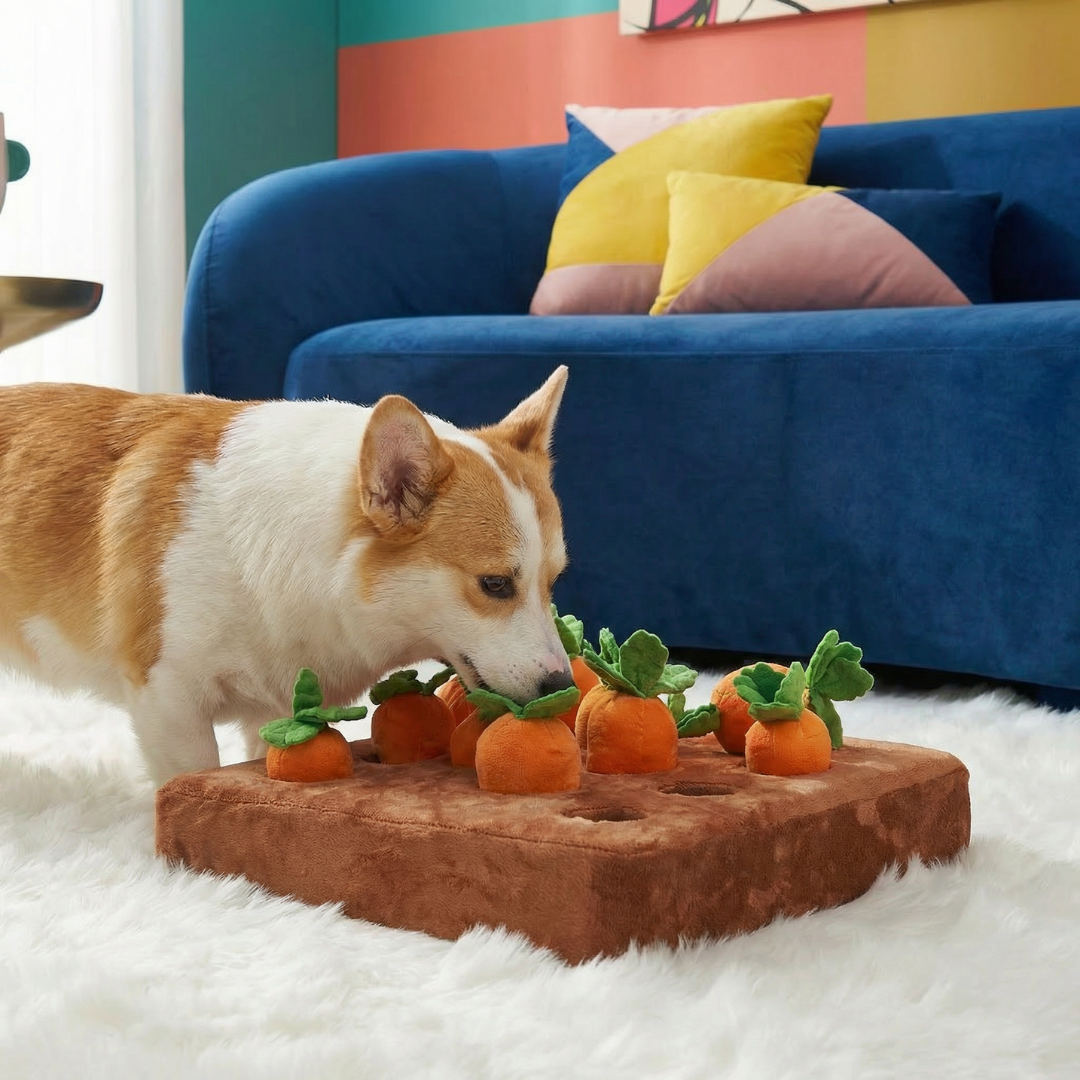 Corgi dog sniffing a brown plush snuffle mat with removable orange carrot toys on a white rug.