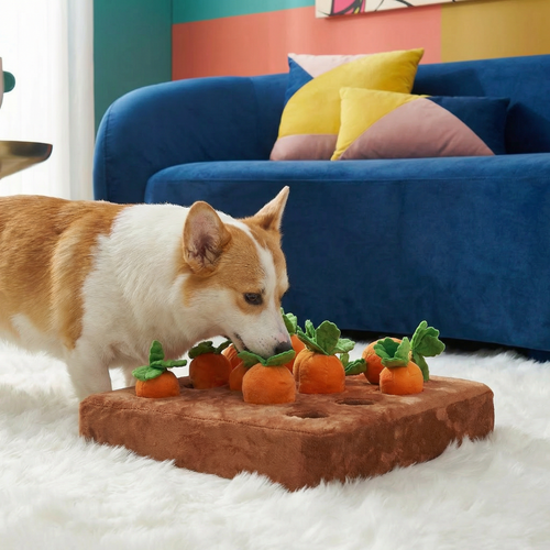 Corgi dog sniffing a brown plush snuffle mat with removable orange carrot toys on a white rug.