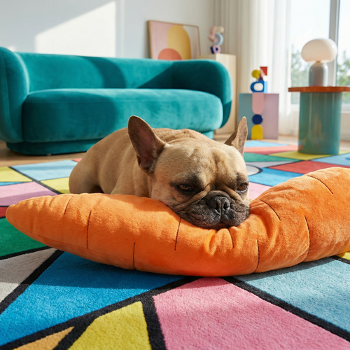 Fawn French Bulldog resting on a large, soft orange plush carrot dog toy on a colorful geometric rug.