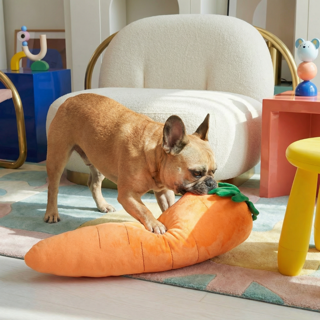 French bulldog playing with a giant orange plush carrot dog toy on a colorful rug.