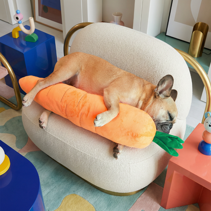 French bulldog napping on a giant orange plush carrot dog toy with green leafy top, on a cream armchair.