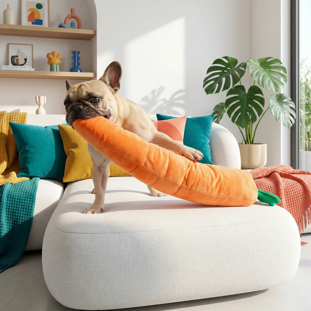 French bulldog playing with a large orange plush carrot dog toy on a white sofa.