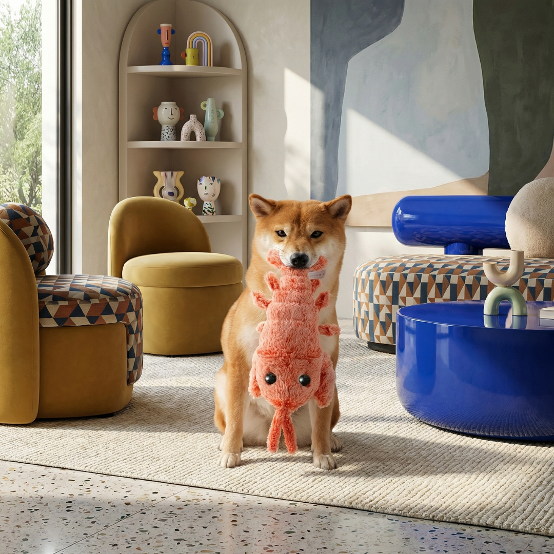 A Shiba Inu dog sits holding a soft, orange Chewy Lobster interactive dog toy in a modern living room.