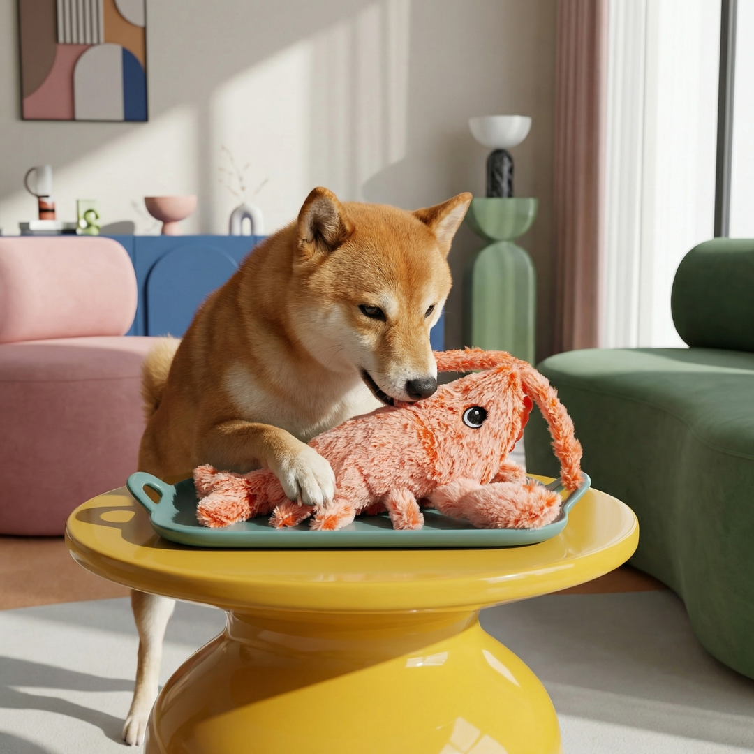 Shiba Inu dog playing with a soft, plush orange lobster interactive dog toy on a blue tray and yellow table.