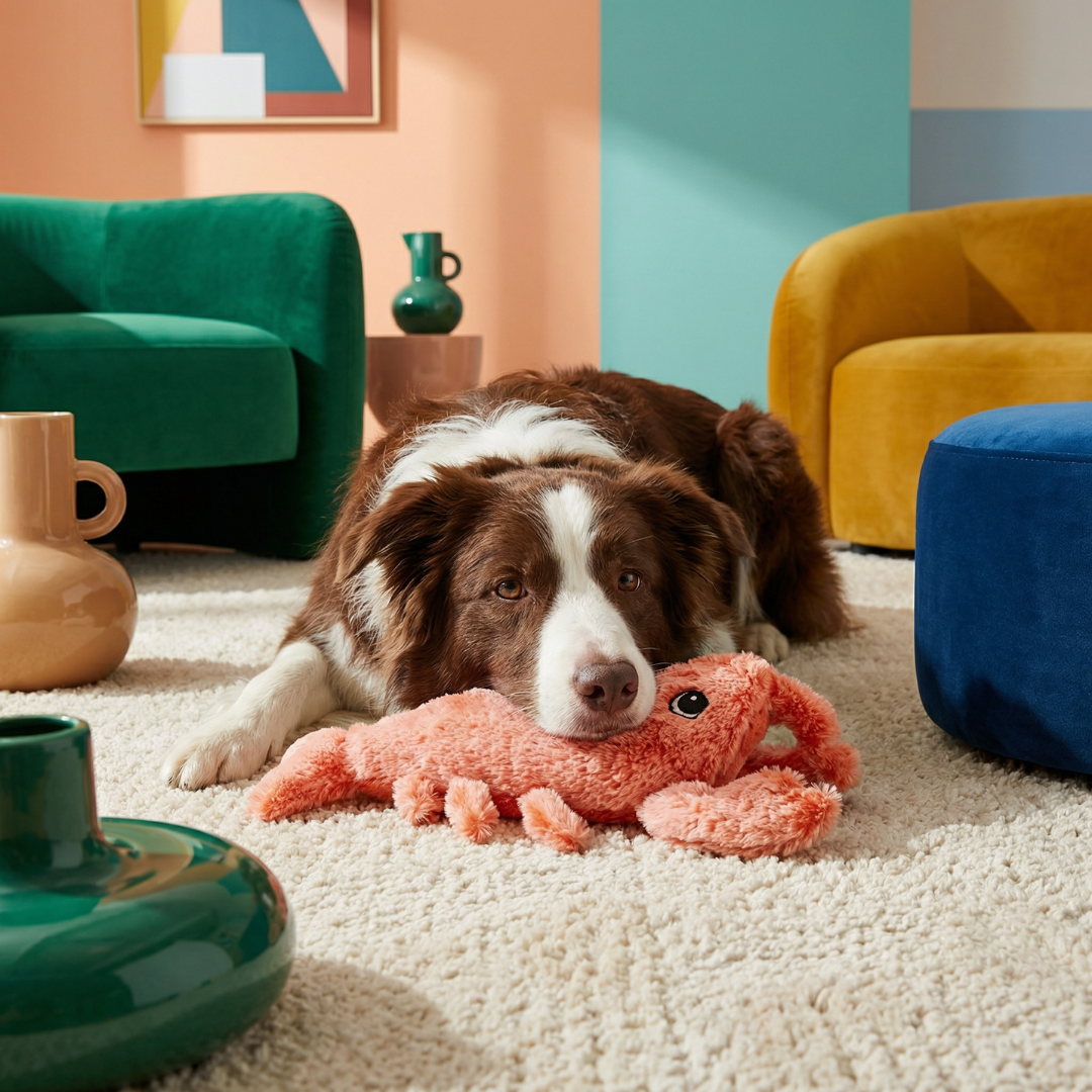 Brown and white dog resting on a cream rug with a soft, plush orange lobster toy.