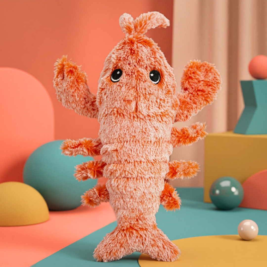 Fluffy orange lobster dog toy with black eyes, standing upright against a colorful background.