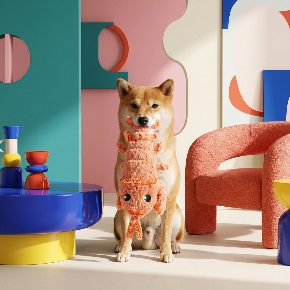 Shiba Inu dog holding a soft, orange Chewy Lobster interactive dog toy in a colorful room.
