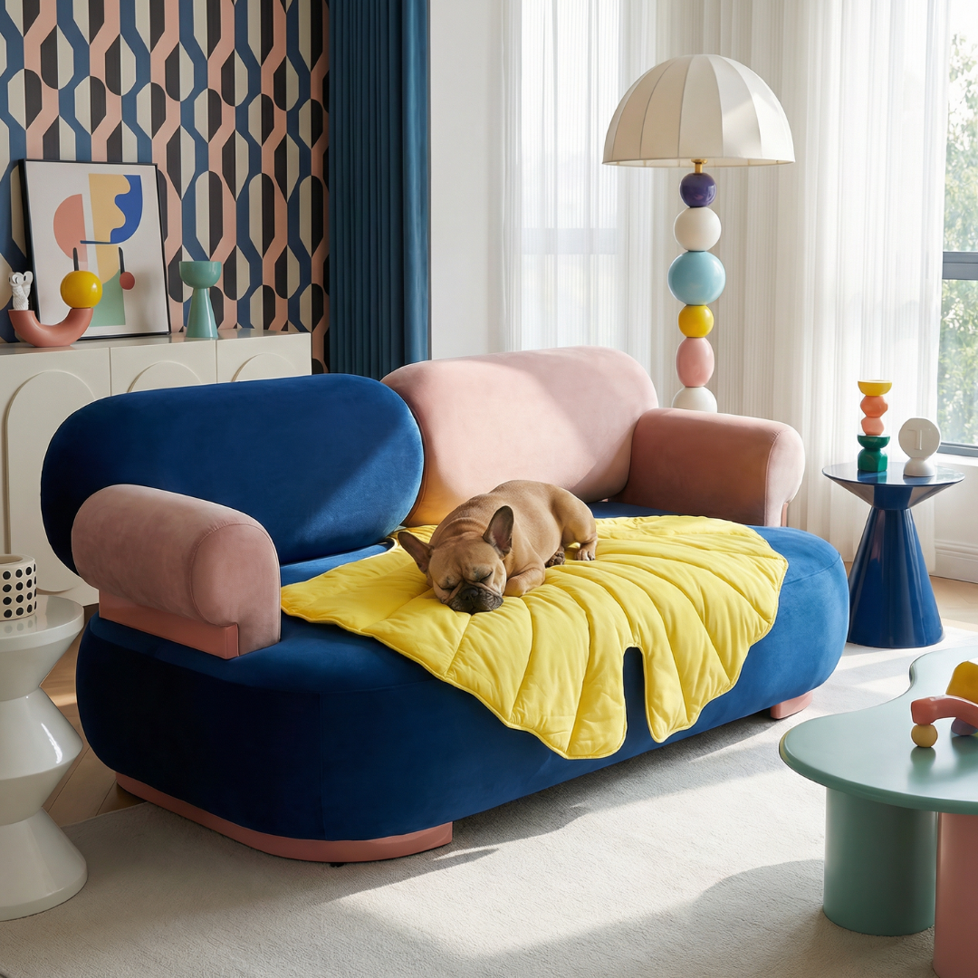 French bulldog sleeping on a bright yellow Cloud Leaf Calming Dog Bed Mat on a blue and pink modern sofa.