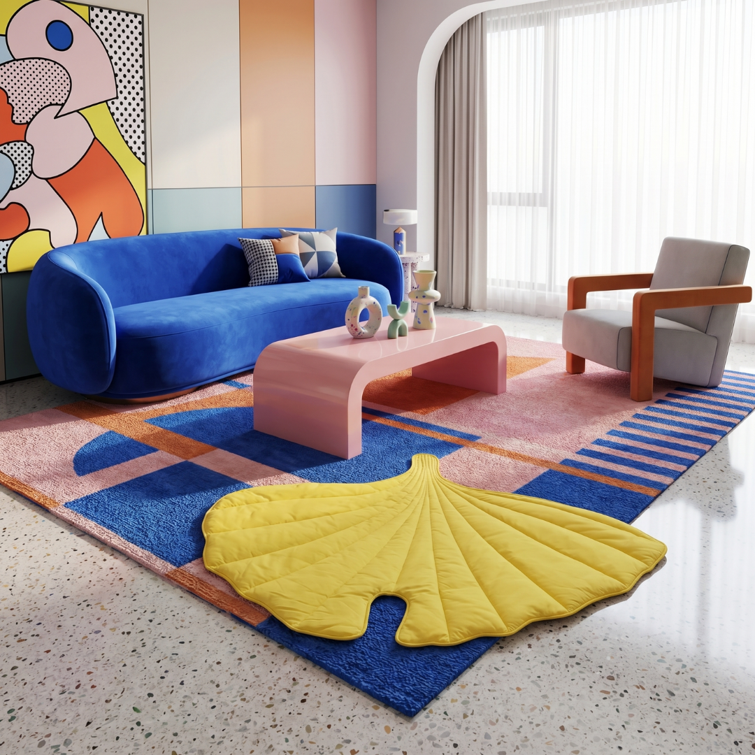 Yellow Cloud Leaf Calming Dog Bed Mat on a colorful rug in a modern living room.