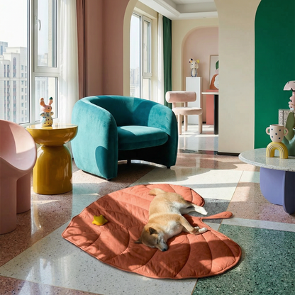 Shiba Inu dog sleeping on a large, rust-orange leaf-shaped calming dog bed mat in a modern, colorful room.