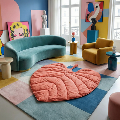 Coral leaf-shaped calming dog bed mat on a colorful geometric rug in a modern living room.