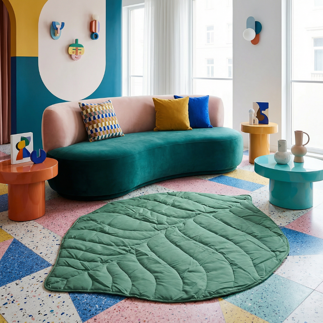 Green leaf-shaped calming dog bed mat on a colorful terrazzo floor in a modern living room.