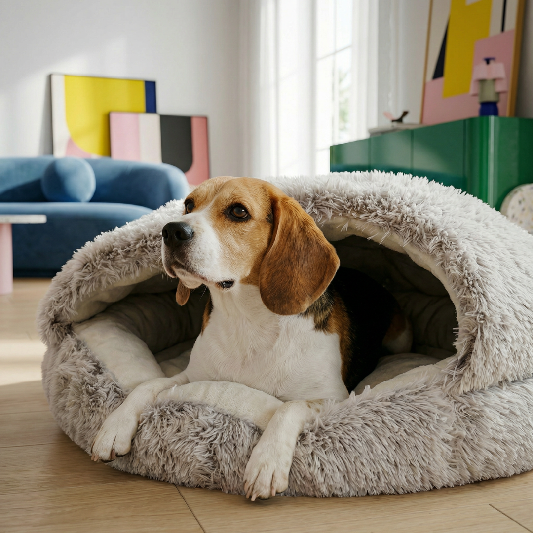 Beagle dog resting in a cozy, light gray faux fur shell cave pet bed.
