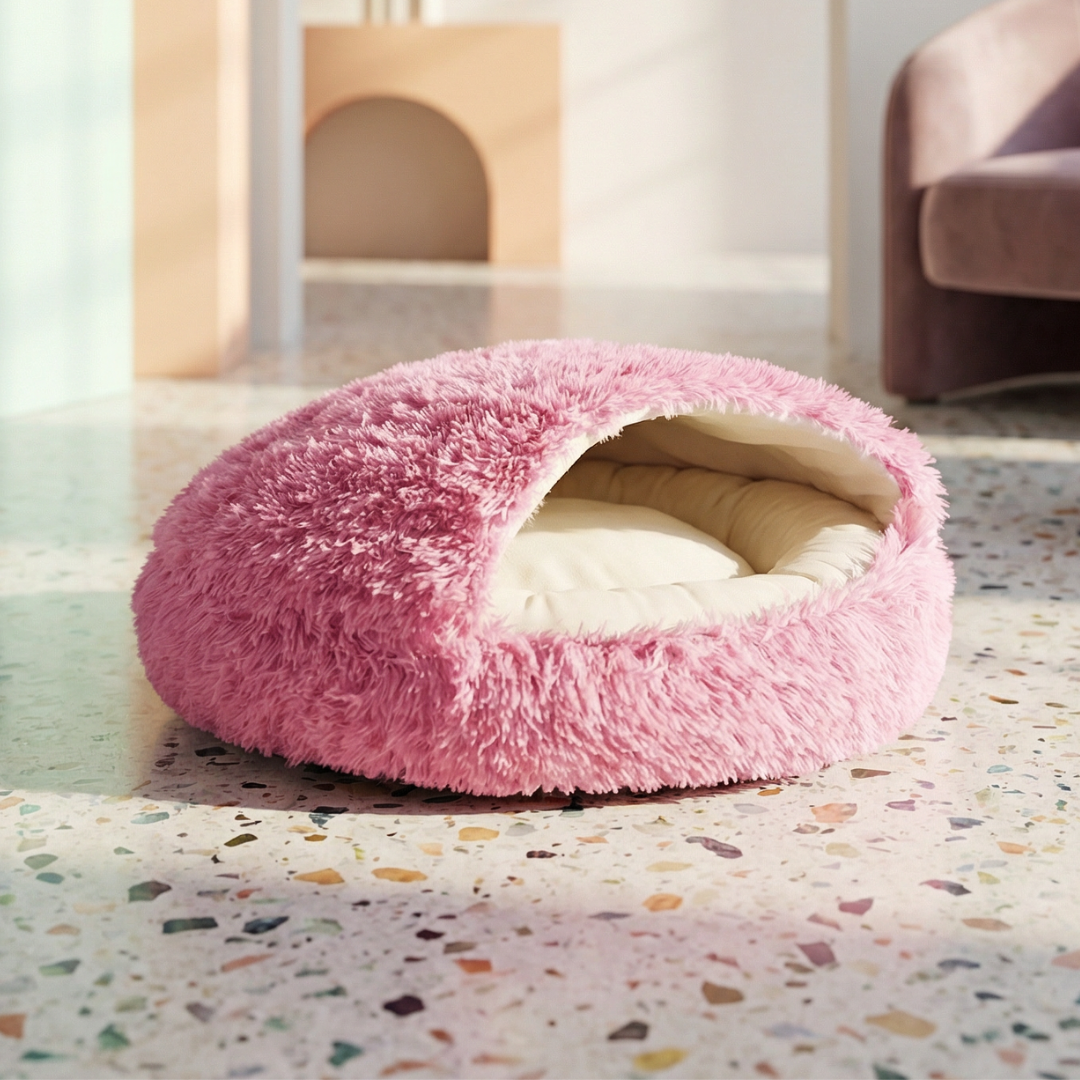 Pink faux fur Cozy Shell Cave Pet Bed with a cream interior cushion.