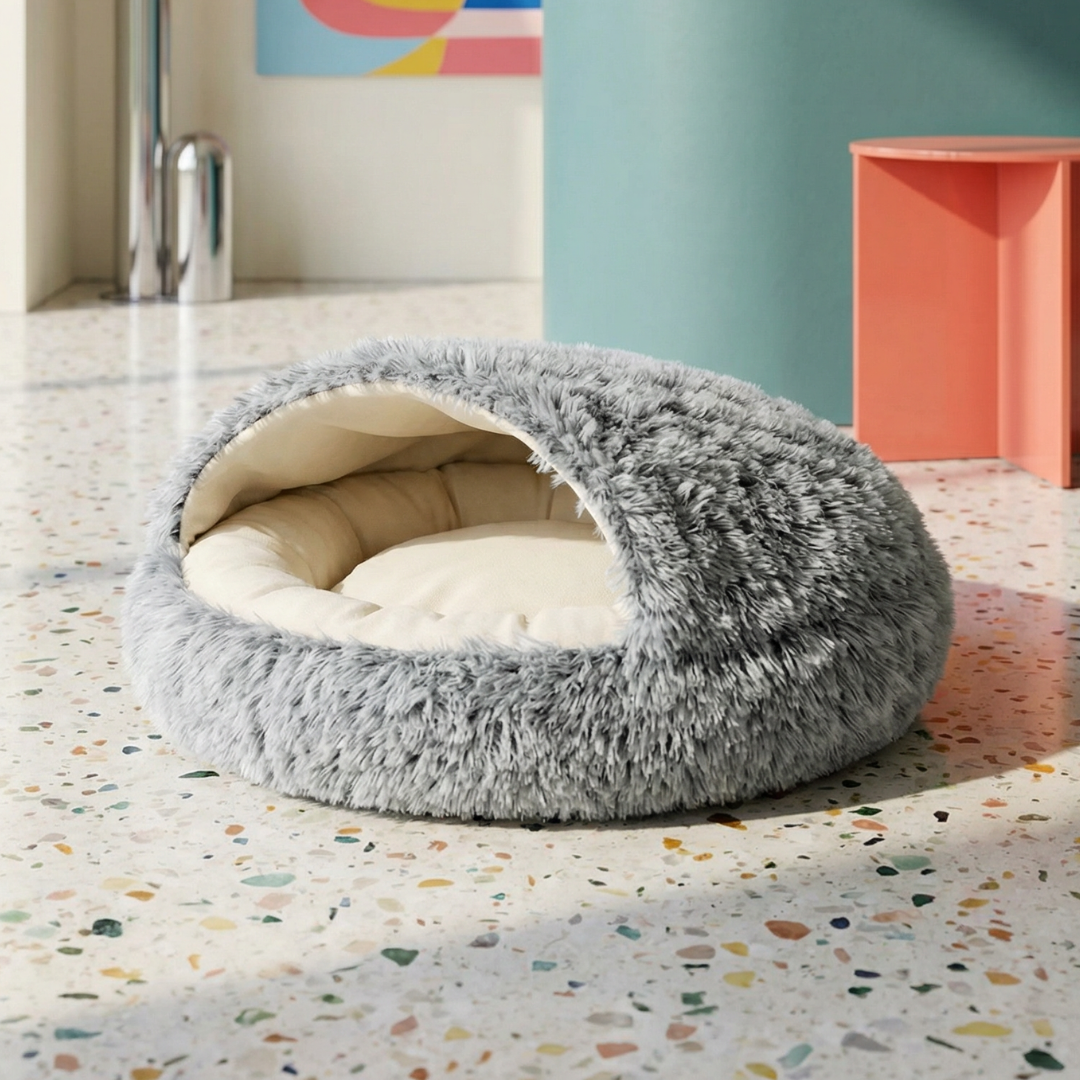 Gray faux fur Cozy Shell Cave Pet Bed with a cream interior, designed as a soft, enclosed hideaway.