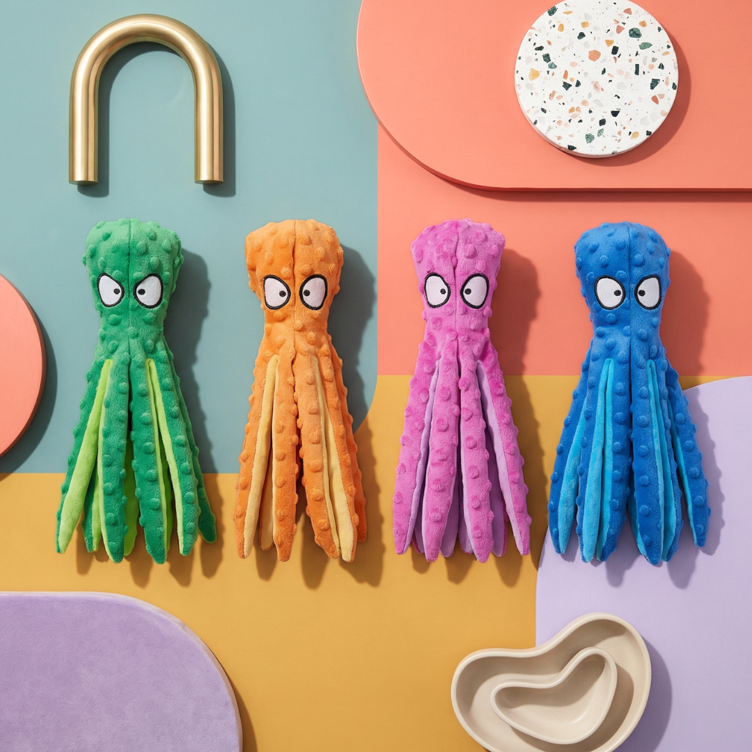 Four colorful plush octopus dog toys in green, orange, pink, and blue with squeakers.