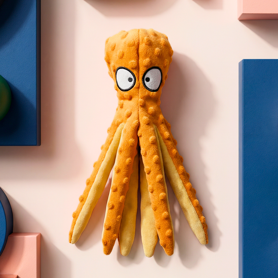 Orange plush octopus dog toy with white eyes and textured tentacles.