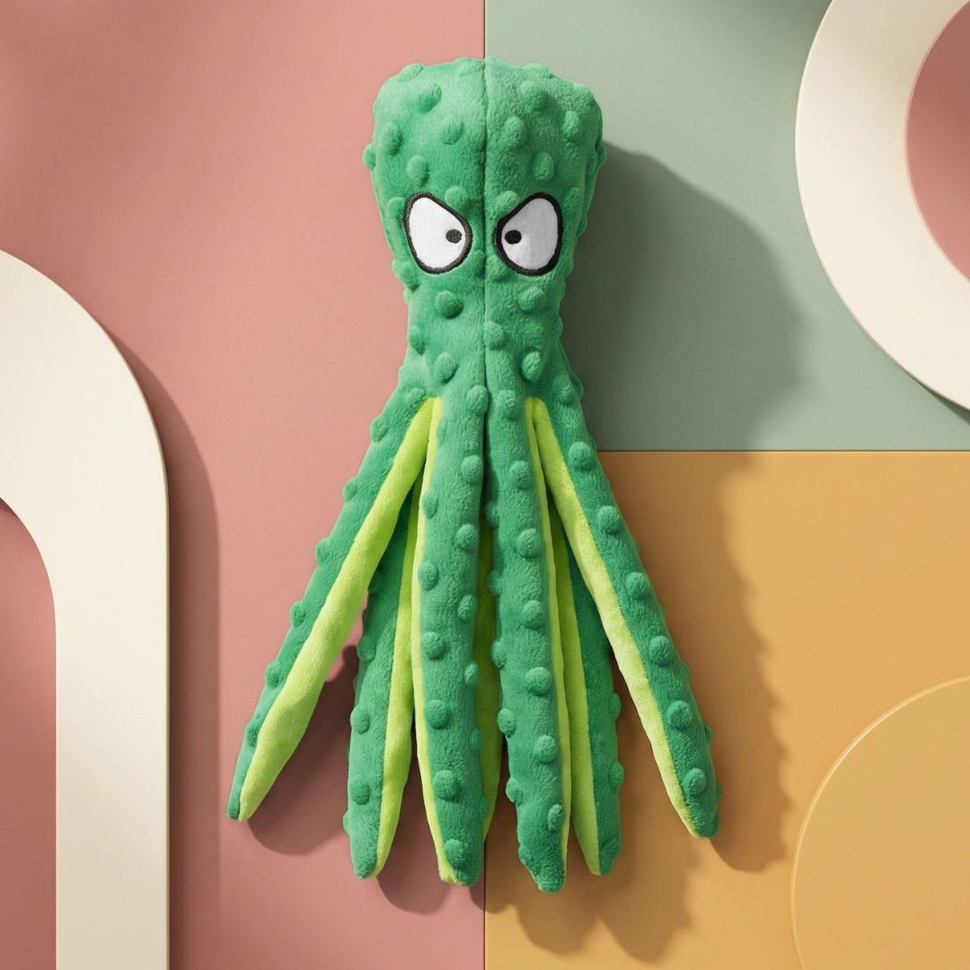 Green plush octopus dog toy with white eyes, textured body, and lime green tentacle undersides.