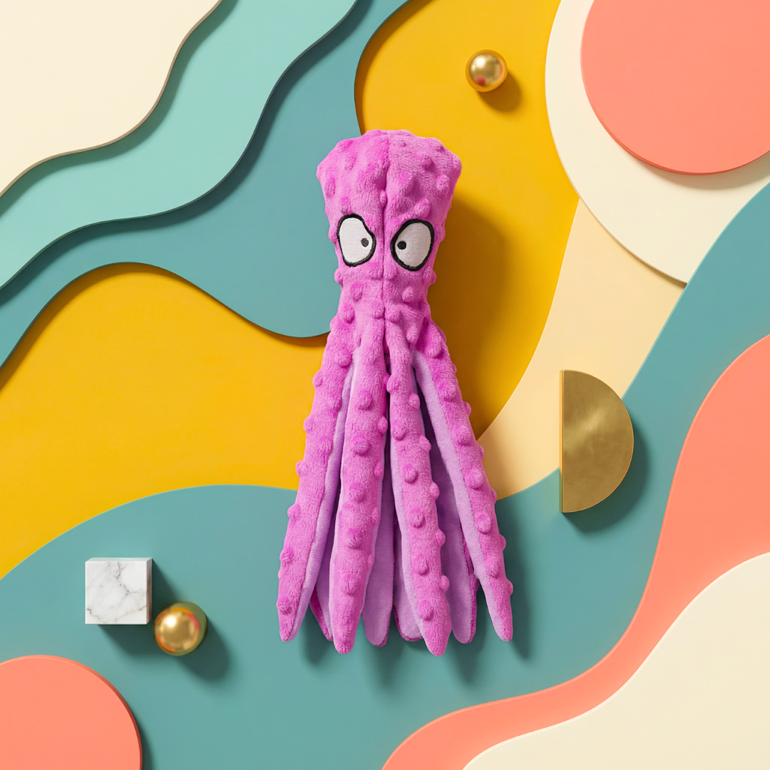 Pink plush octopus dog toy with large eyes and textured tentacles on a colorful background.