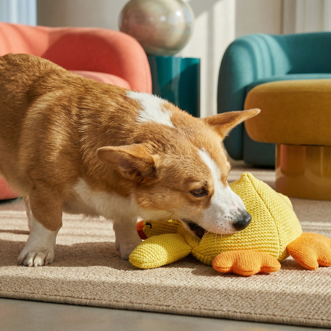 Corgi dog chewing a yellow knitted duck toy with orange feet on a beige rug.