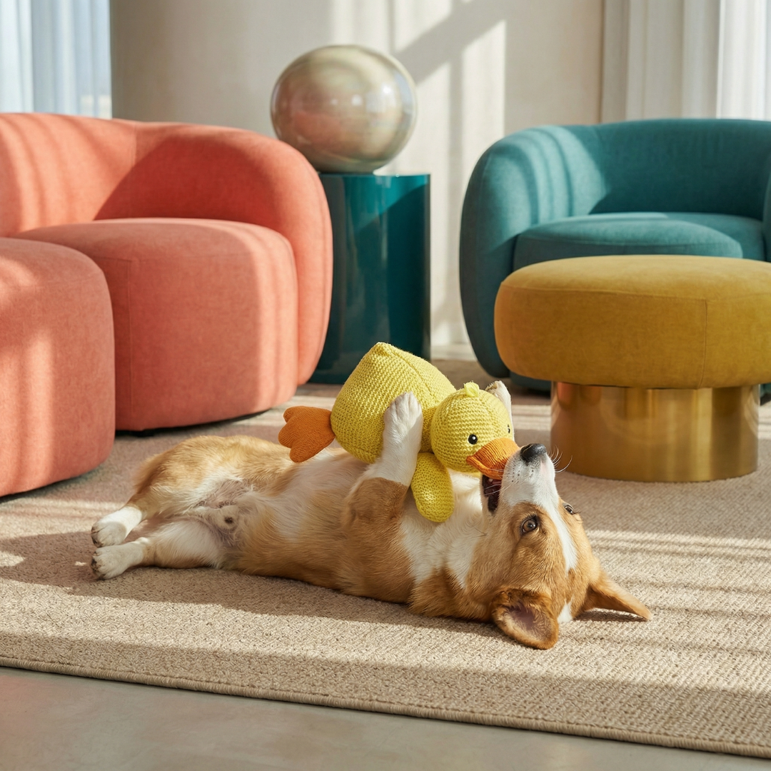 Corgi dog playing with a yellow plush duck toy on a beige rug, surrounded by colorful modern furniture.