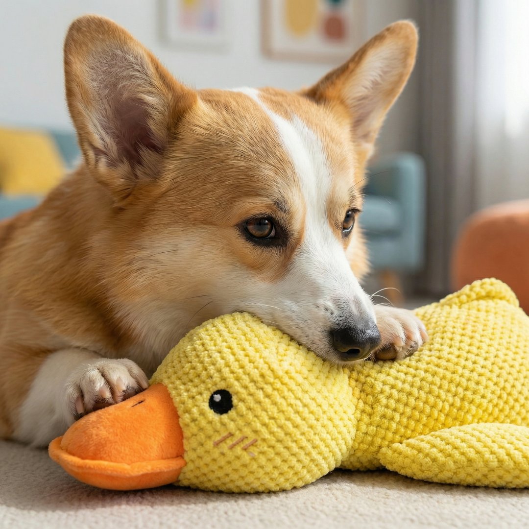 Corgi dog chewing a yellow plush duck toy with an orange beak.