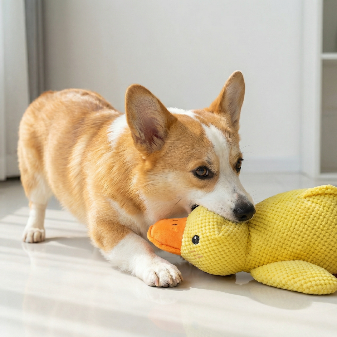 Corgi dog playing with a bright yellow plush duck toy with an orange beak.