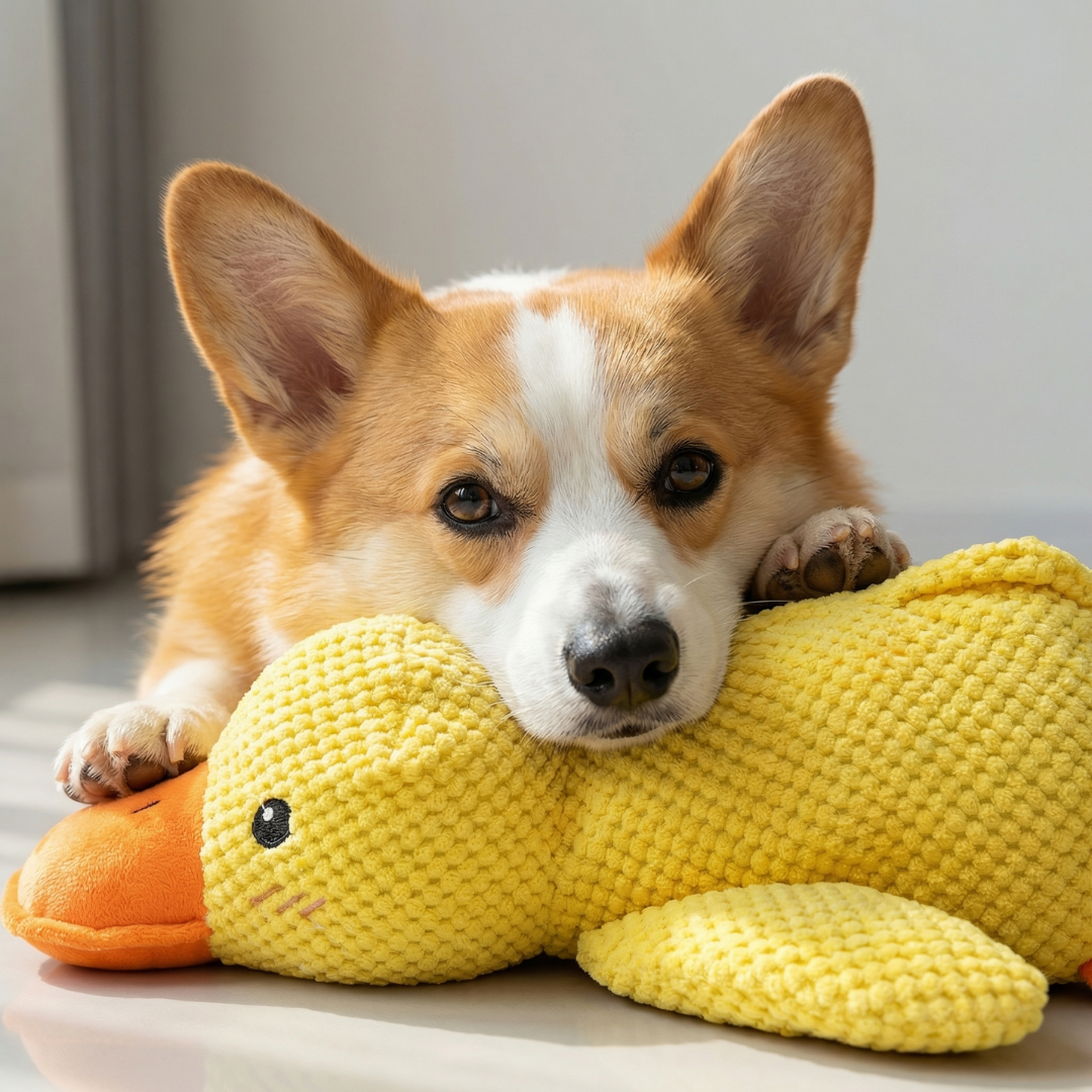 A cute corgi dog rests its head on a soft, yellow plush duck toy with an orange beak.