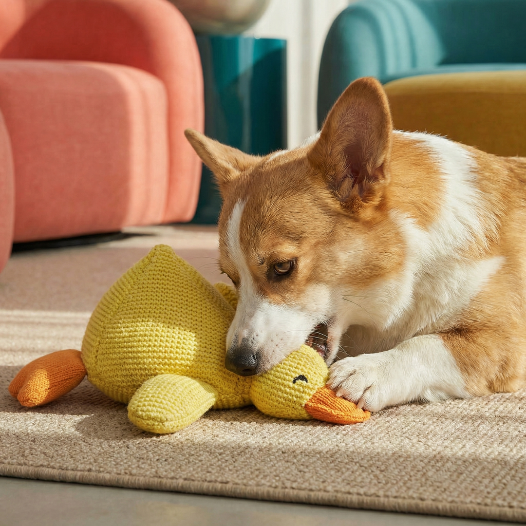 Corgi dog chewing a yellow knitted duck toy with orange beak and feet on a beige rug.