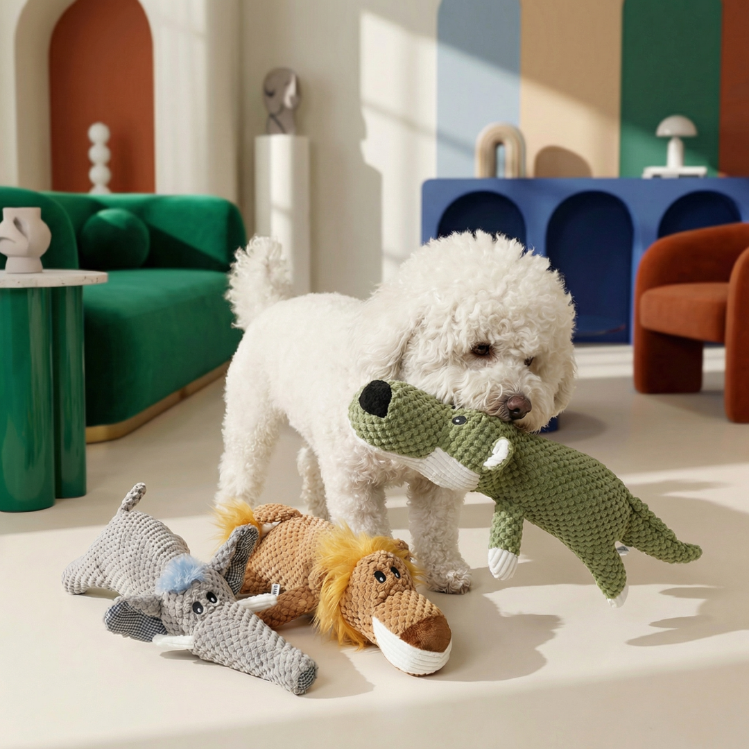 White poodle holding a green plush crocodile toy, with a gray elephant and brown lion toy on the floor.