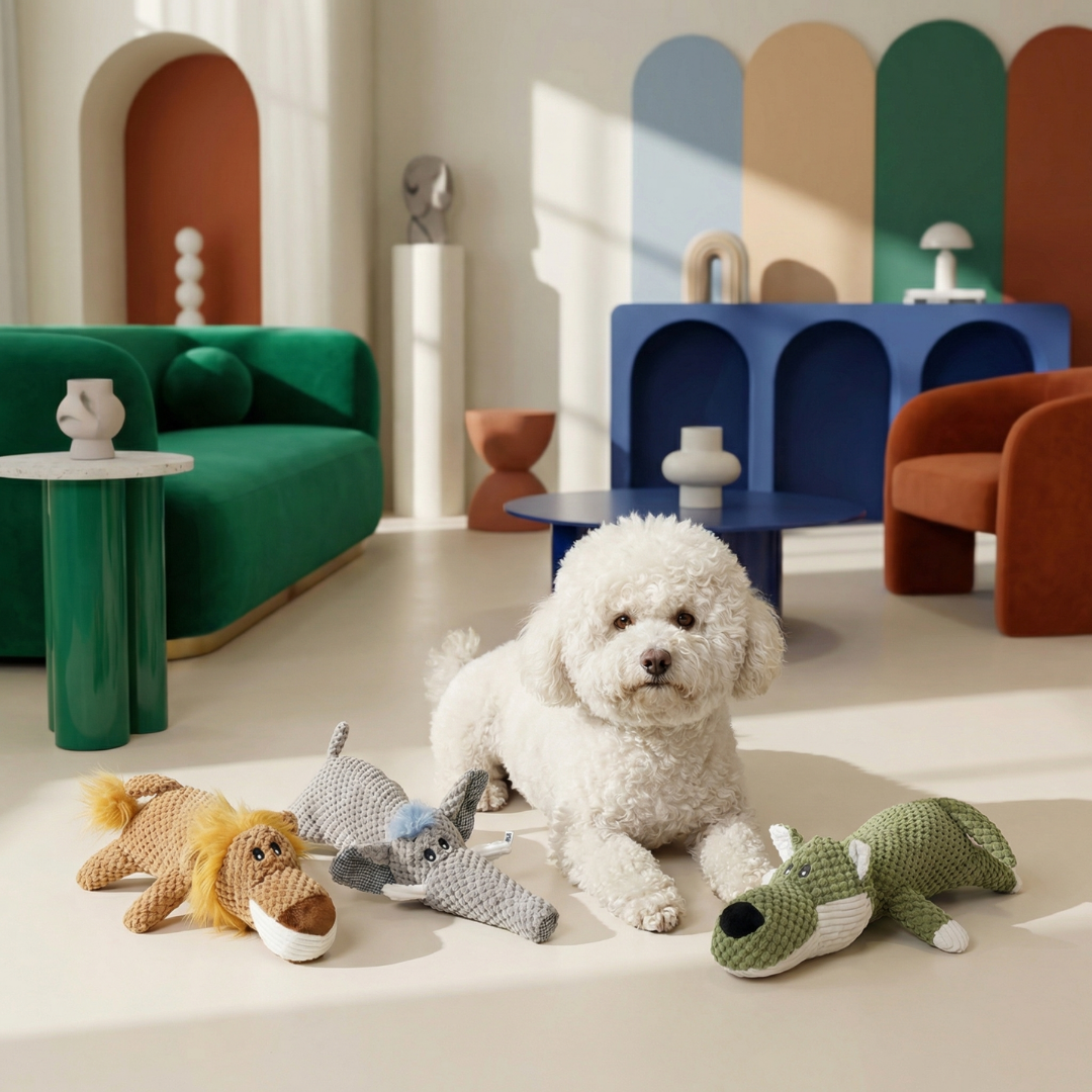 White fluffy dog with three plush chew toys: a lion, elephant, and alligator, on a light floor.
