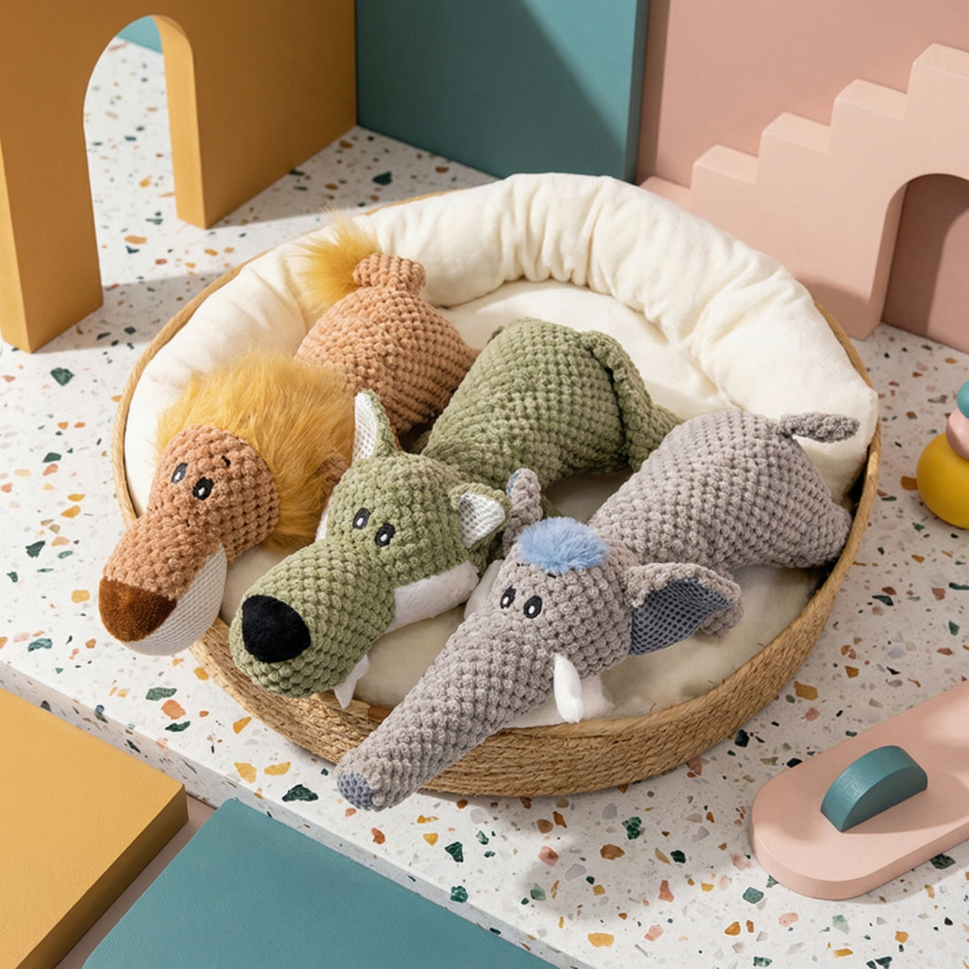 Assorted plush dog chew toys in a woven pet bed, including a lion, wolf, alligator, and two elephants.