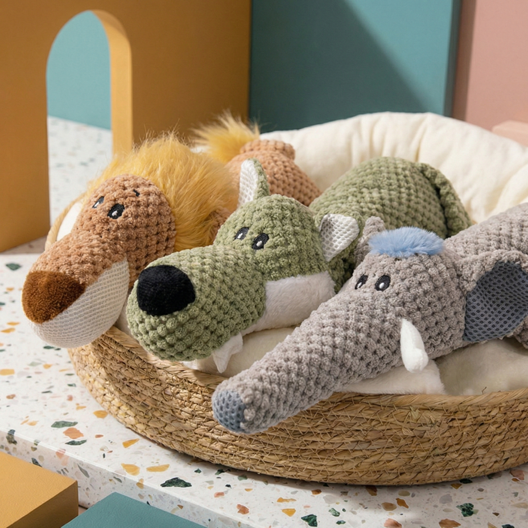 Woven basket with plush dog chew toys: a brown lion, green alligator, and grey elephant.