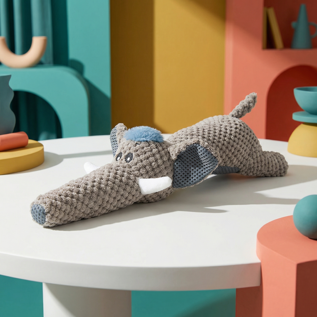 Gray plush elephant dog chew toy with blue hair and mesh ears on a white table.