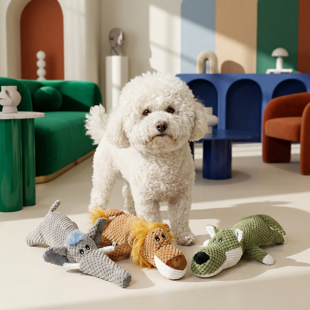 Fluffy white dog stands among four plush chew toys: a gray elephant, brown lion, and green alligator.
