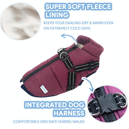 Burgundy quilted dog coat with super soft fleece lining and integrated harness.