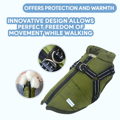 Olive green fleece dog coat with built-in harness, zipper, and cozy white faux fur lining.