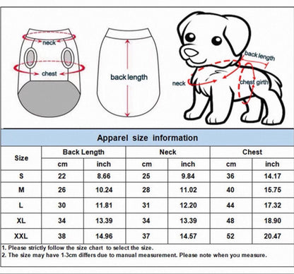Dog apparel size chart with measurements for back length, neck, and chest in cm and inches for sizes S-XXL.