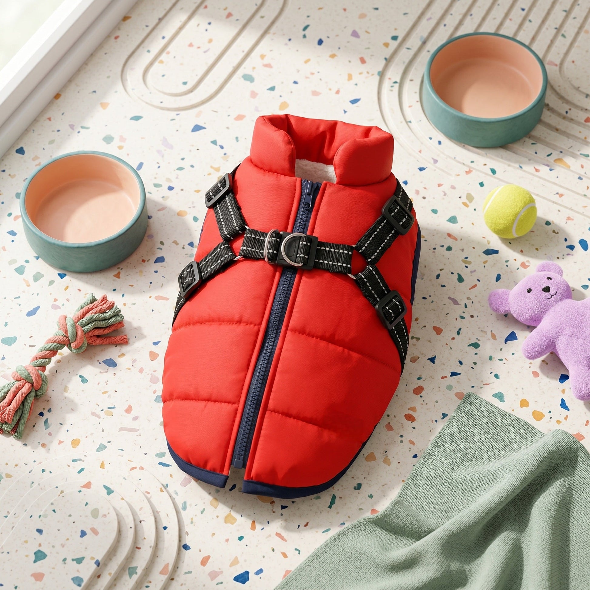 Red puffer dog coat with black harness straps and front zipper, on a speckled surface with bowls and toys.