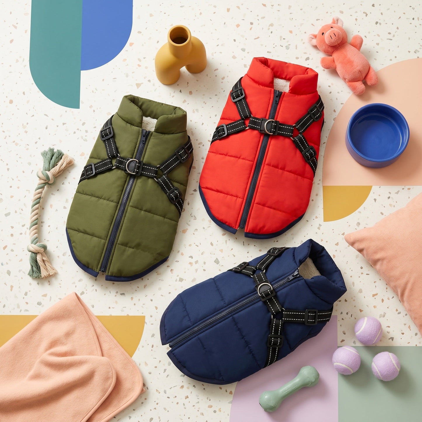 Three fleece dog coats in red, olive green, and navy blue, with built-in harnesses and zippers.