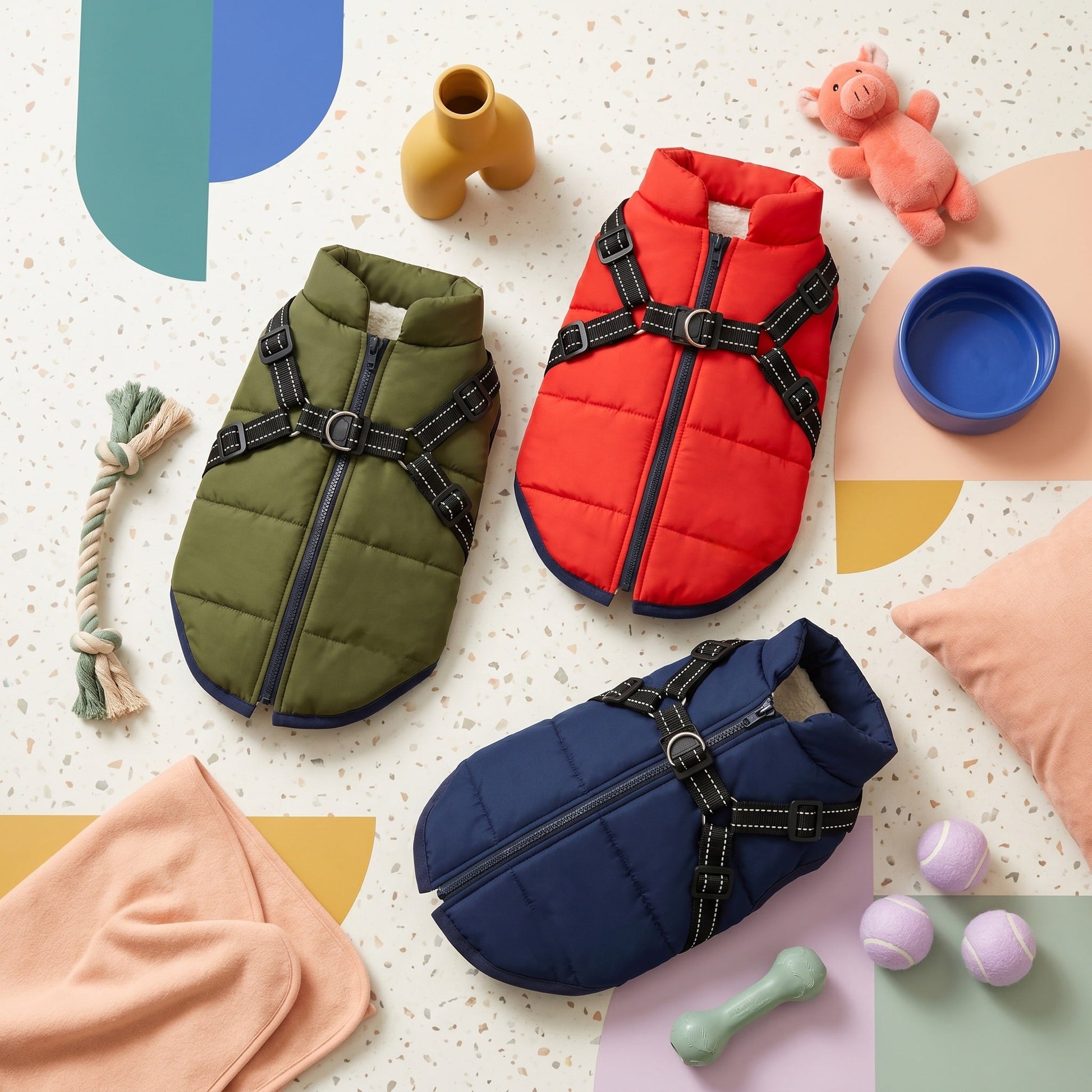 Three fleece dog coats in red, olive green, and navy blue, with built-in harnesses and zippers.