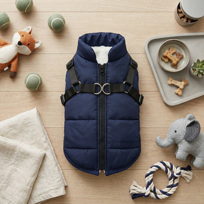 Navy blue puffer dog coat with a built-in harness, white fleece lining, and zipper closure.