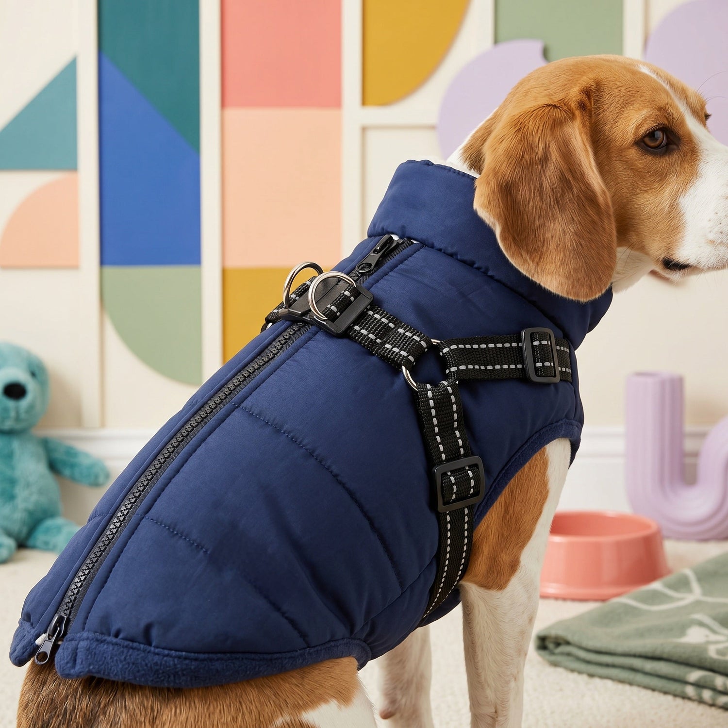 Beagle in a navy blue puffer dog coat with a built-in harness, zipper, and high collar.
