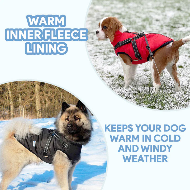 Red and black waterproof dog coats with built-in harnesses, fleece-lined for warmth in snow.