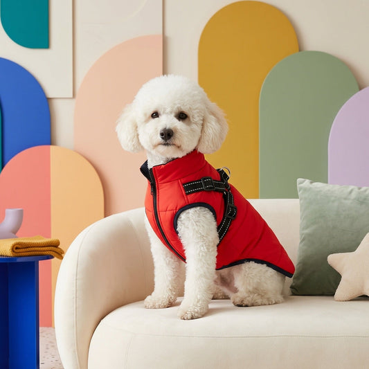 White poodle wearing a red quilted dog coat with black trim and harness attachment, sitting on a cream sofa.